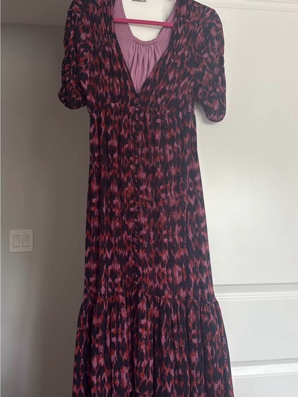Anthropologie purple and Pink Printed V-Neck Maxi Dress